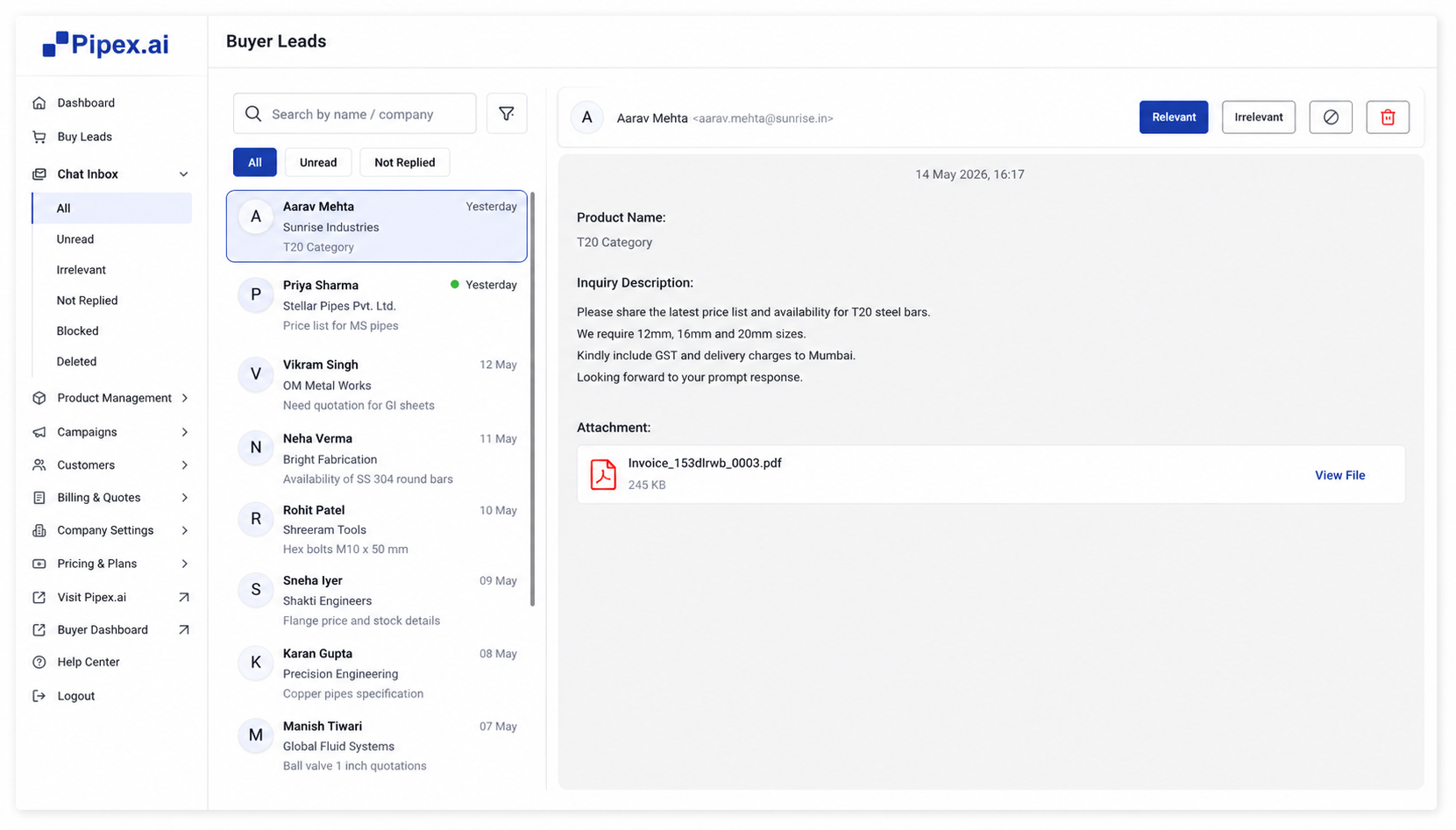 Manage RFQ Leads & Inquiries Efficiently